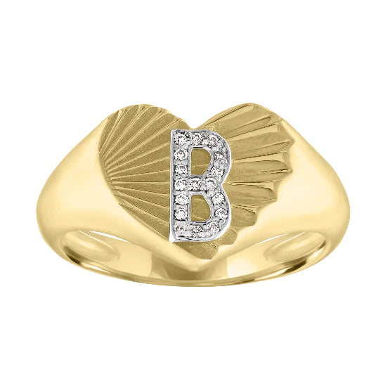 women’s cubic zirconia rings-Margie Fluted Heart Signet Ring with Diamond Initial