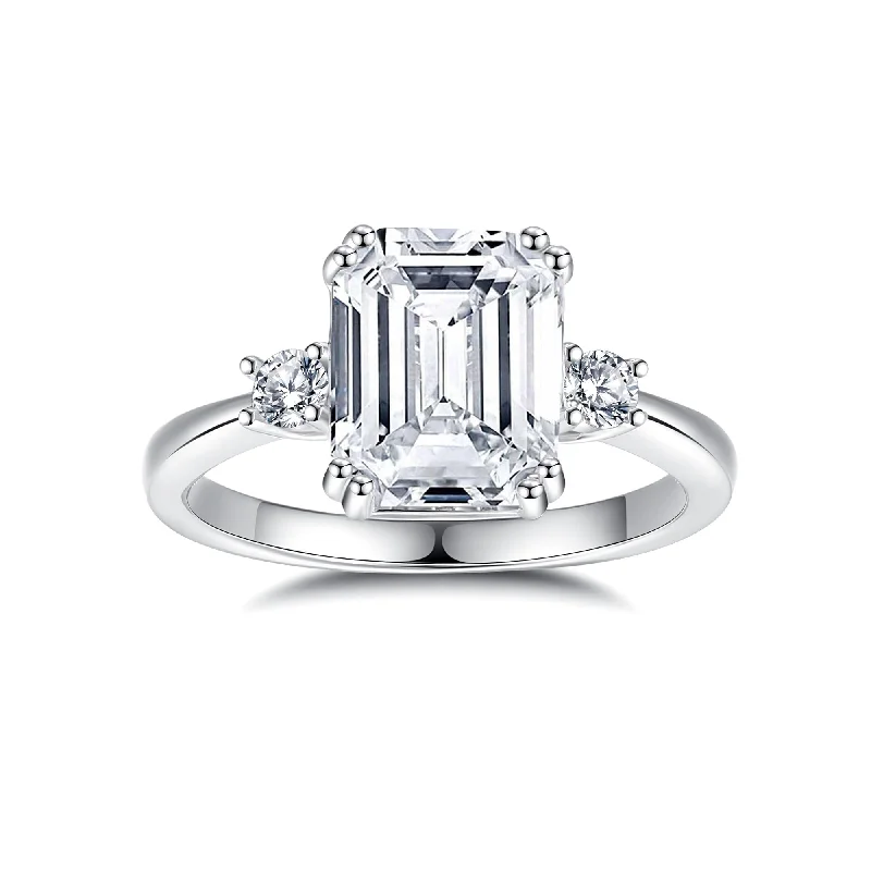 women’s custom rings-FANCIME Three Stone Emerald Cut Moissanite Sterling Silver Ring