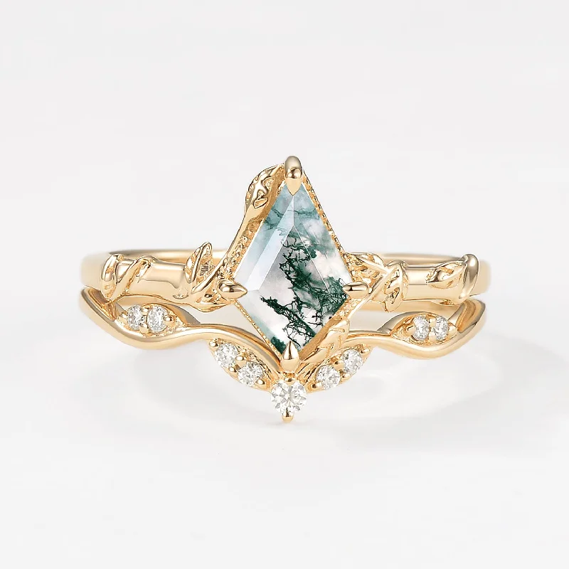 women’s gemstone engagement rings-Unique Leafy Moss Agate Ring Sets 2pcs