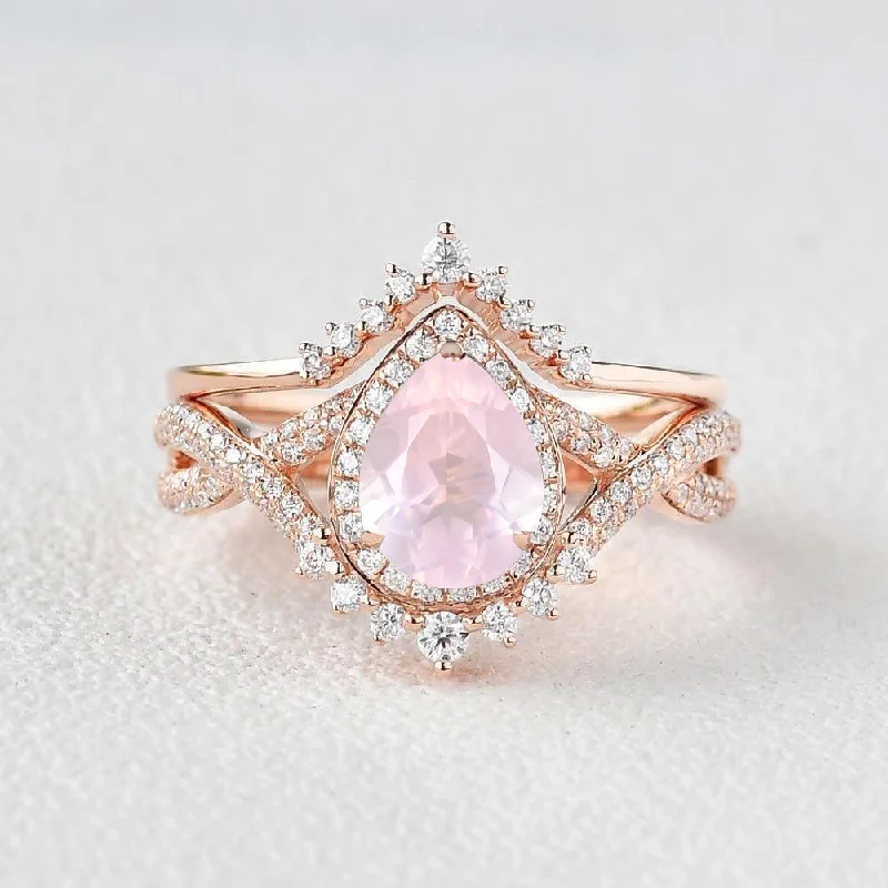 women’s oval rings-Pear Rose Quartz Halo Infinity Ring Set 2pcs - Valentina