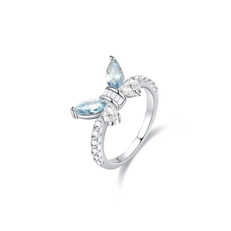 women’s gold rings-"Dreamy Delight" Sterling Silver Butterfly Statement Ring with White and Blue Fancy Cut CZ Stones