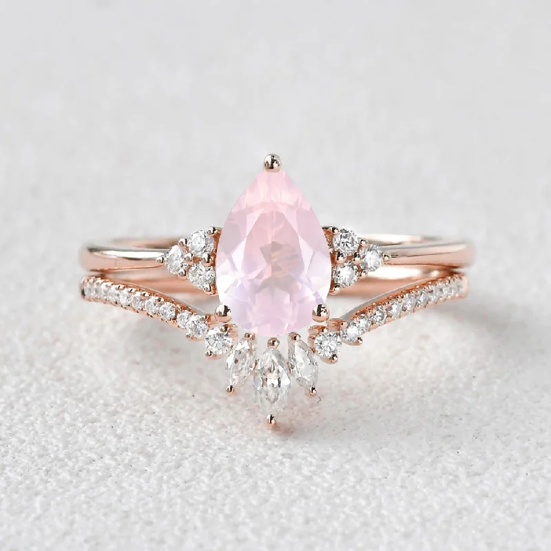 women’s emerald cut rings-1.5ct Rose Quartz Pear Vintage Ring Set 2pcs - Lydia