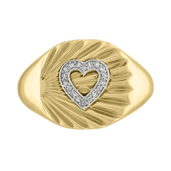 women’s diamond-studded rings-Heather Fluted Oval Signet Ring with Diamond Heart