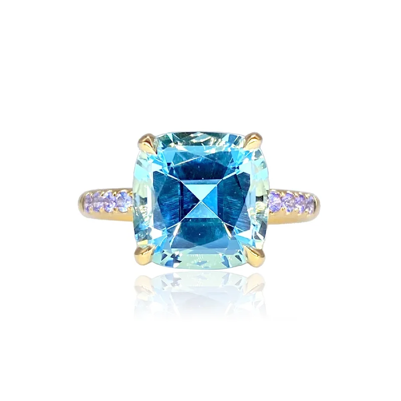 women’s pearl-studded rings-Cirque Blue Topaz Cushion with Tanzanite Band Ring