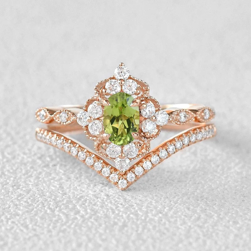 women’s luxury diamond rings-Peridot & Moissanite Vintage Inspired Ring Set 2pcs