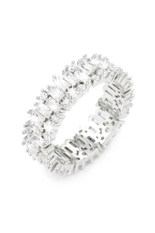 women’s geometric rings-Eternal CZ Rhodium Plated Band Ring - Silver