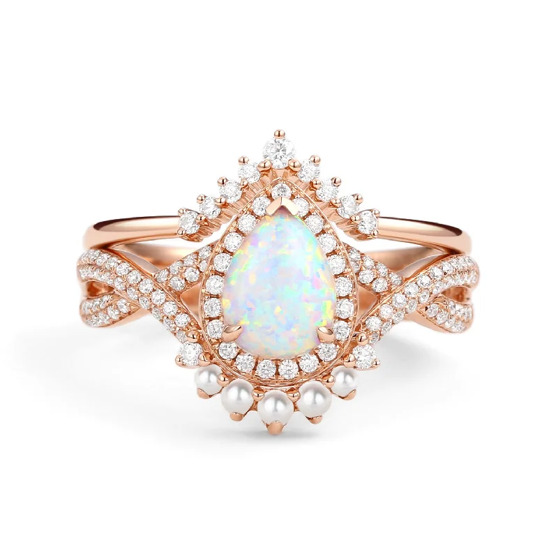 women’s gold wedding rings-Pear Opal & Pearl Halo Infinity Ring Set 2pcs