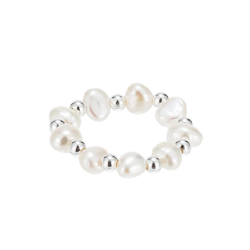 women’s adjustable gemstone rings-Adjustable Fresh Water Pearls And Silver Beads Ring