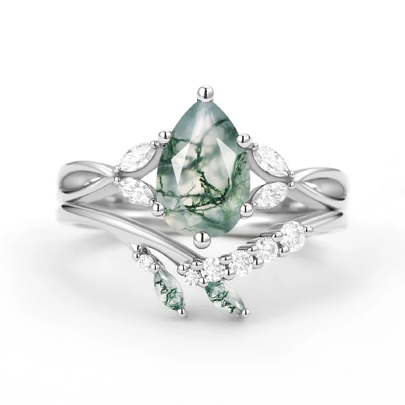 women’s cocktail rings-Twig Pear Shaped Moss Agate Bridal Ring Set 2pcs