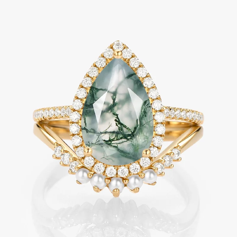 women’s gold-plated rings-4.0ct Pear Moss Agate & Pearl Halo Ring Set 2pcs - Verena