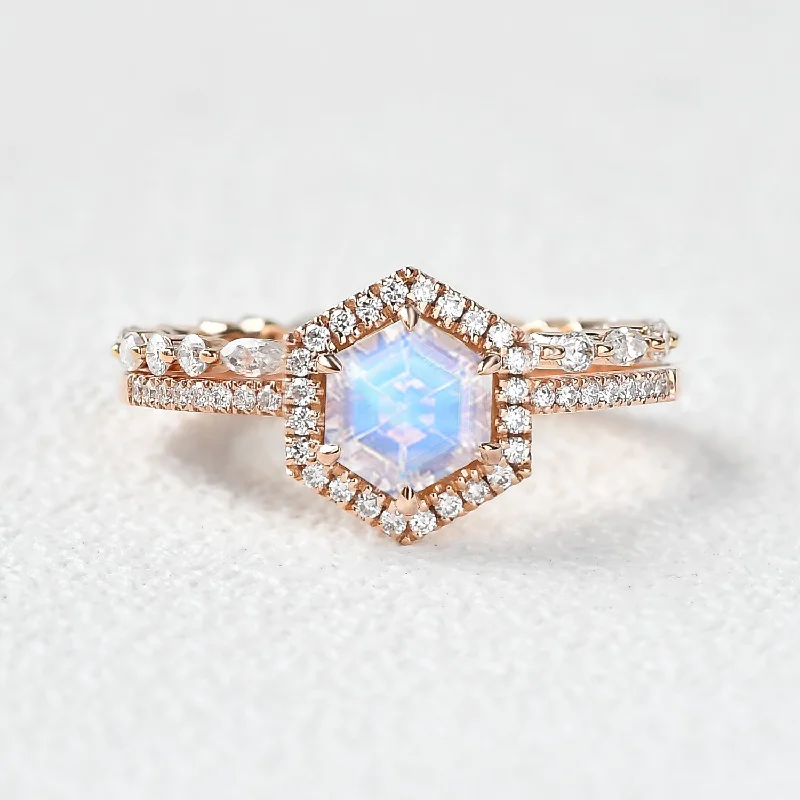 women’s antique rings-Hexagon Moonstone & Moissantie Halo Ring Set 2PCS