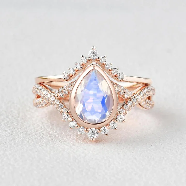 women’s silver gemstone rings-Pear Moonstone Bezel Infinity Ring Set 2pcs