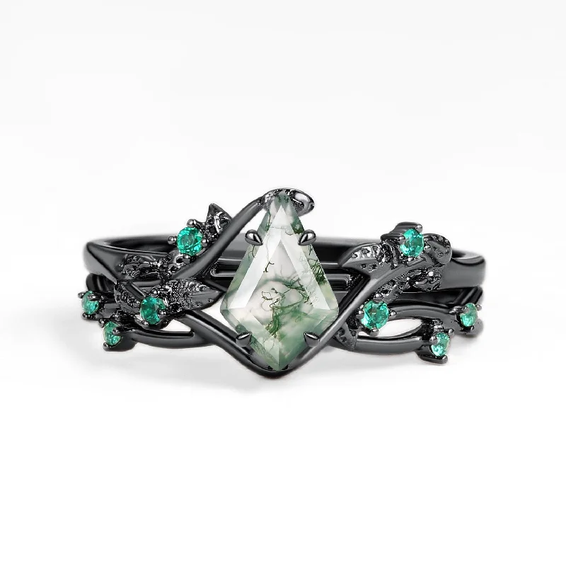 women’s emerald rings-Nature Inspired - Kite Shaped Moss Agate Leafy Ring Set 2pcs - Mossy