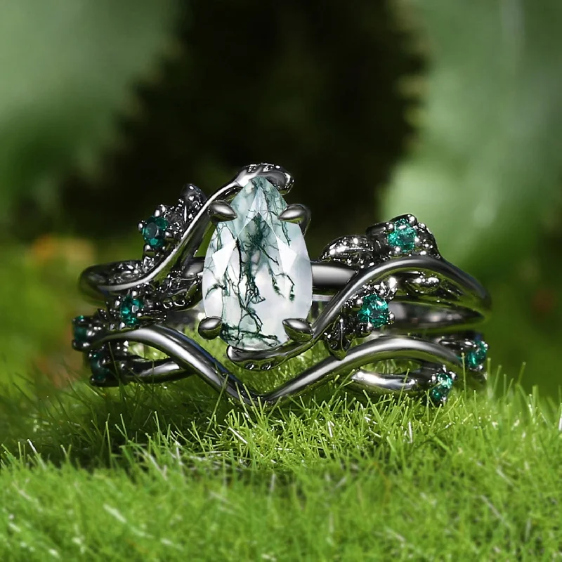 women’s wedding bands-Nature Inspired - Pear Shaped Moss Agate Leafy Ring Set 2pcs - Mossy